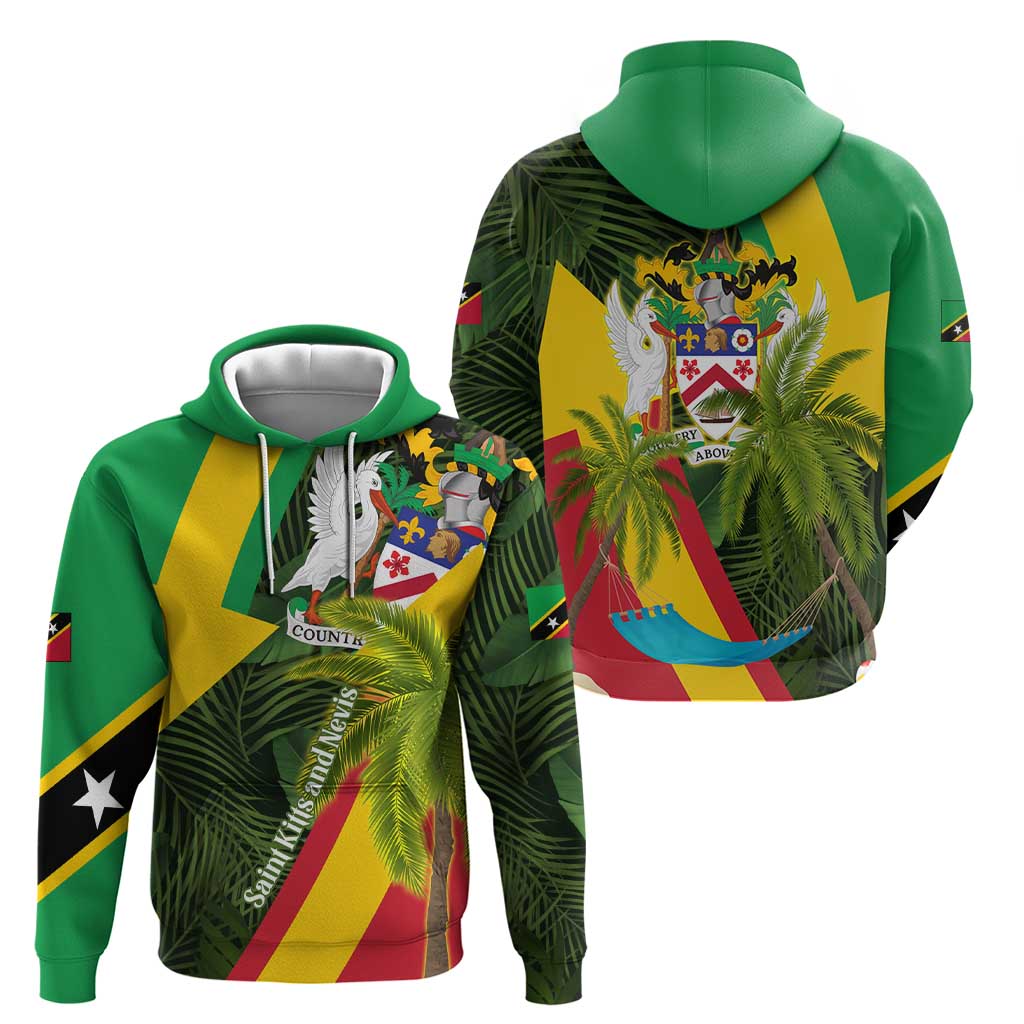 Saint Kitts and Nevis Apparel Hoodie with Coat of Arms, Palm Trees, and Hammock Graphic in Tropical Green and Flag-Inspired Design TS04