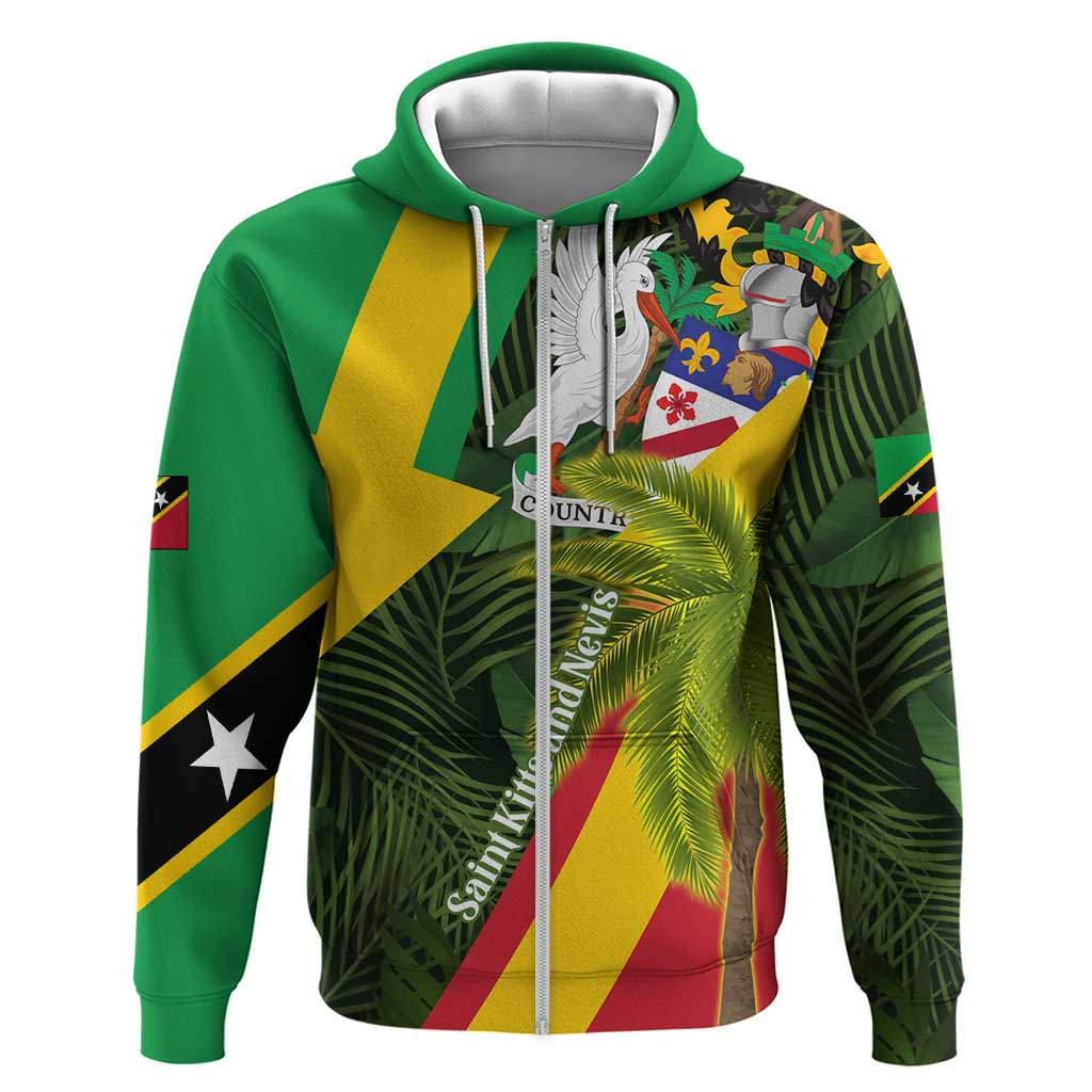 Saint Kitts and Nevis Apparel Hoodie with Coat of Arms, Palm Trees, and Hammock Graphic in Tropical Green and Flag-Inspired Design TS04