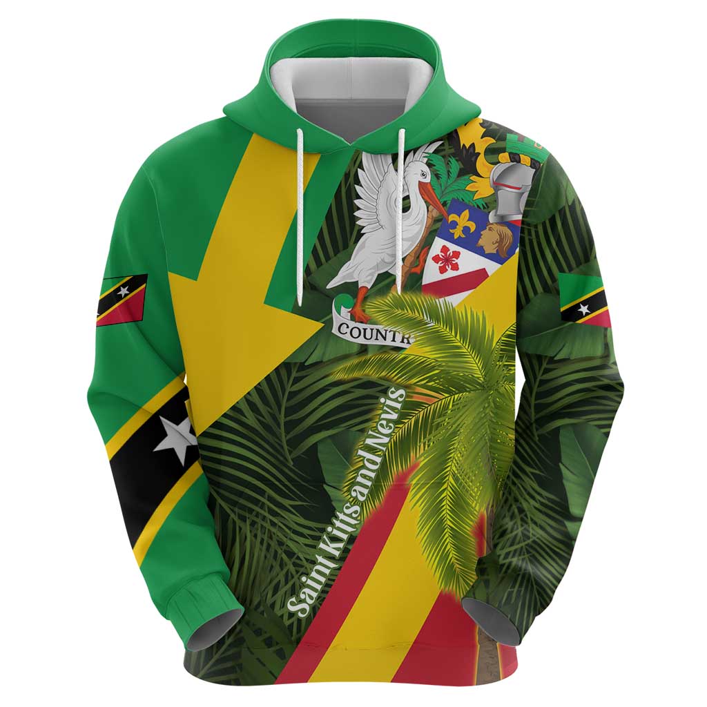 Saint Kitts and Nevis Apparel Hoodie with Coat of Arms, Palm Trees, and Hammock Graphic in Tropical Green and Flag-Inspired Design TS04