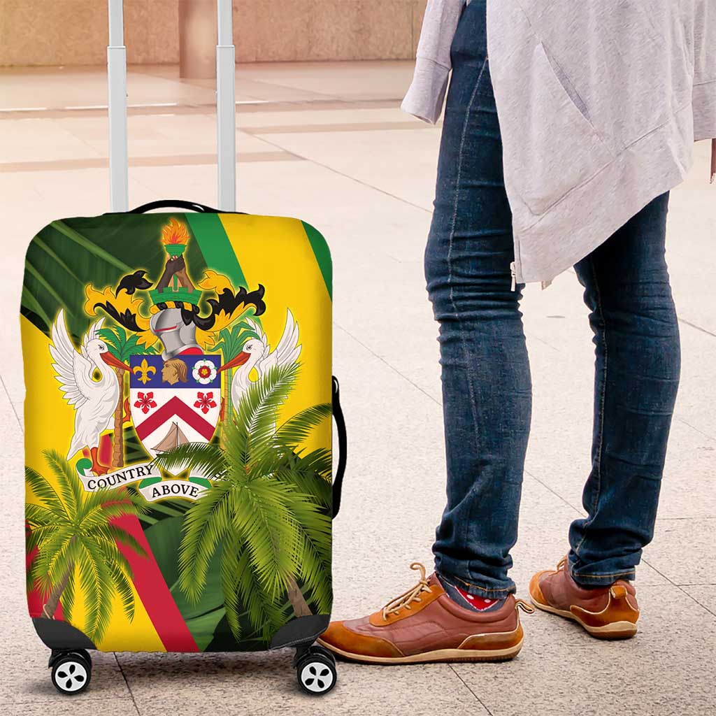 Saint Kitts and Nevis Apparel Luggage Cover with Coat of Arms, Palm Trees, and Hammock Graphic in Tropical Green and Flag-Inspired Design TS04
