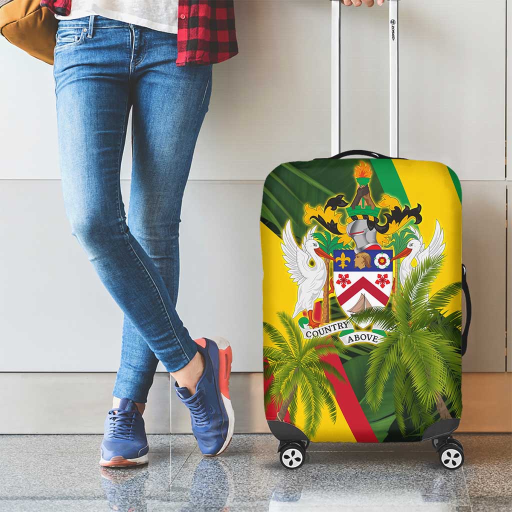 Saint Kitts and Nevis Apparel Luggage Cover with Coat of Arms, Palm Trees, and Hammock Graphic in Tropical Green and Flag-Inspired Design TS04
