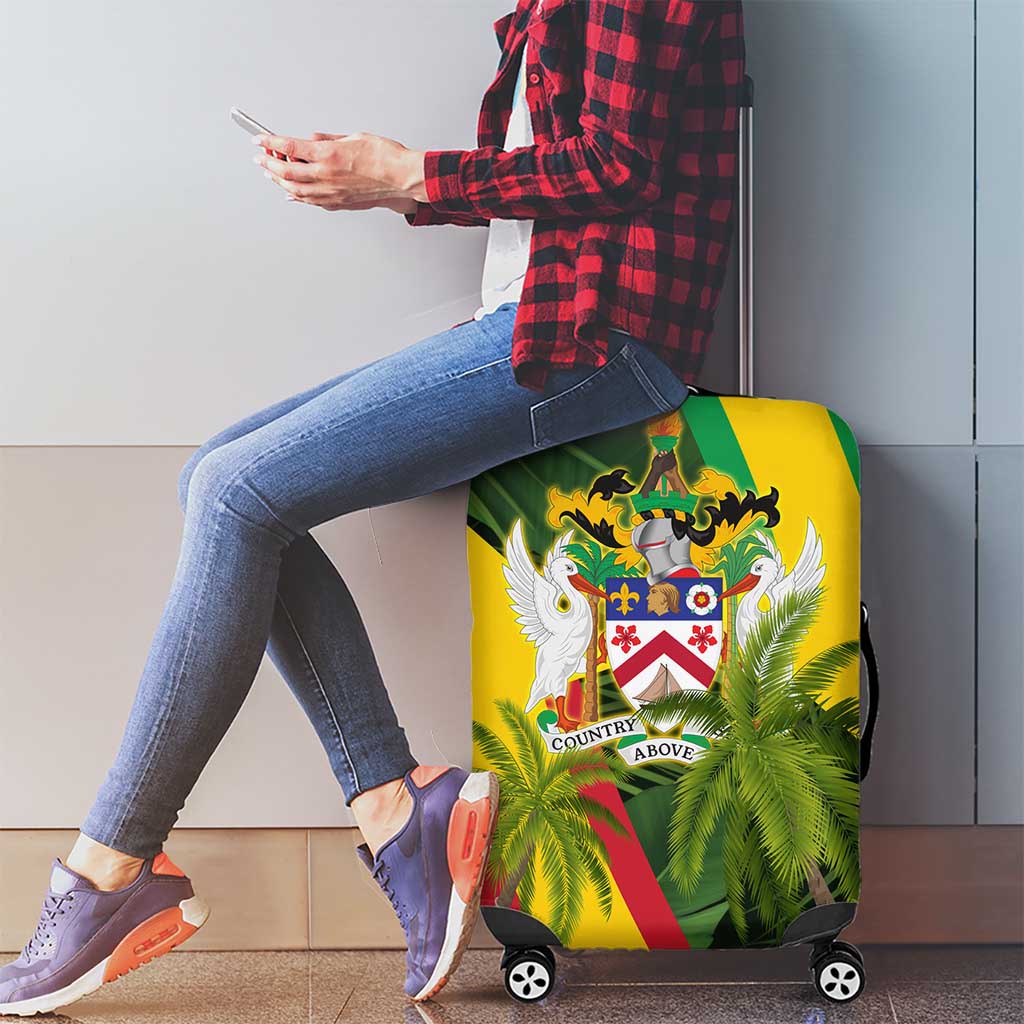Saint Kitts and Nevis Apparel Luggage Cover with Coat of Arms, Palm Trees, and Hammock Graphic in Tropical Green and Flag-Inspired Design TS04