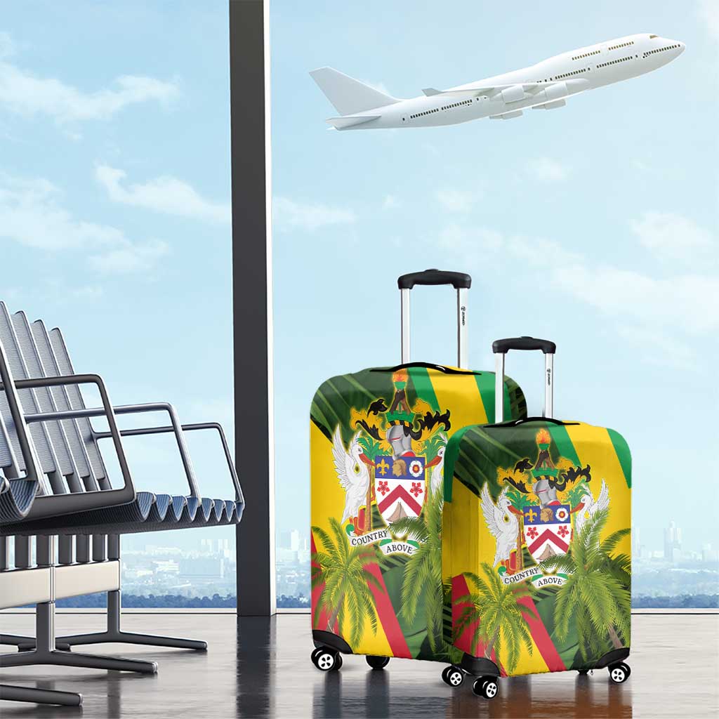 Saint Kitts and Nevis Apparel Luggage Cover with Coat of Arms, Palm Trees, and Hammock Graphic in Tropical Green and Flag-Inspired Design TS04