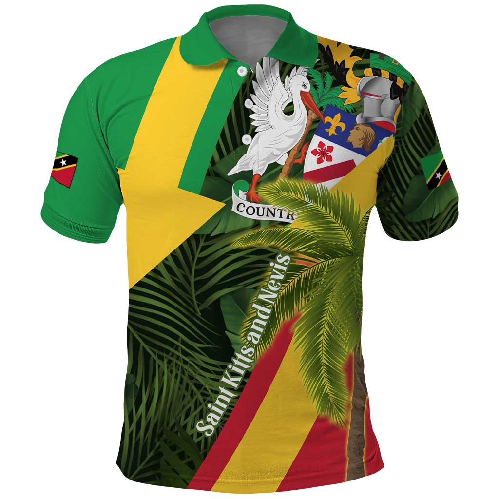 Saint Kitts and Nevis Apparel Polo Shirt with Coat of Arms, Palm Trees, and Hammock Graphic in Tropical Green and Flag-Inspired Design TS04