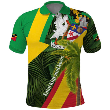 Saint Kitts and Nevis Apparel Polo Shirt with Coat of Arms, Palm Trees, and Hammock Graphic in Tropical Green and Flag-Inspired Design TS04