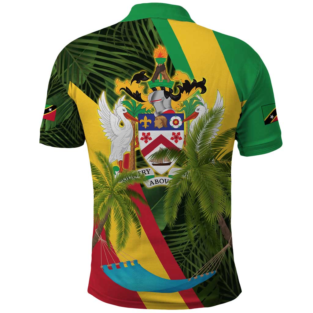 Saint Kitts and Nevis Apparel Polo Shirt with Coat of Arms, Palm Trees, and Hammock Graphic in Tropical Green and Flag-Inspired Design TS04