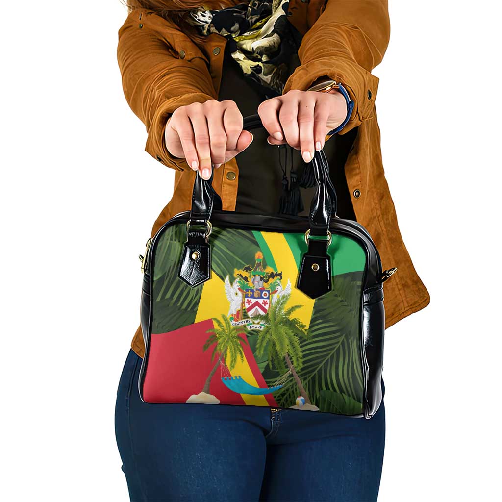 Saint Kitts and Nevis Apparel Shoulder Handbag with Coat of Arms, Palm Trees, and Hammock Graphic in Tropical Green and Flag-Inspired Design TS04