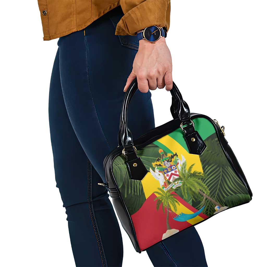 Saint Kitts and Nevis Apparel Shoulder Handbag with Coat of Arms, Palm Trees, and Hammock Graphic in Tropical Green and Flag-Inspired Design TS04
