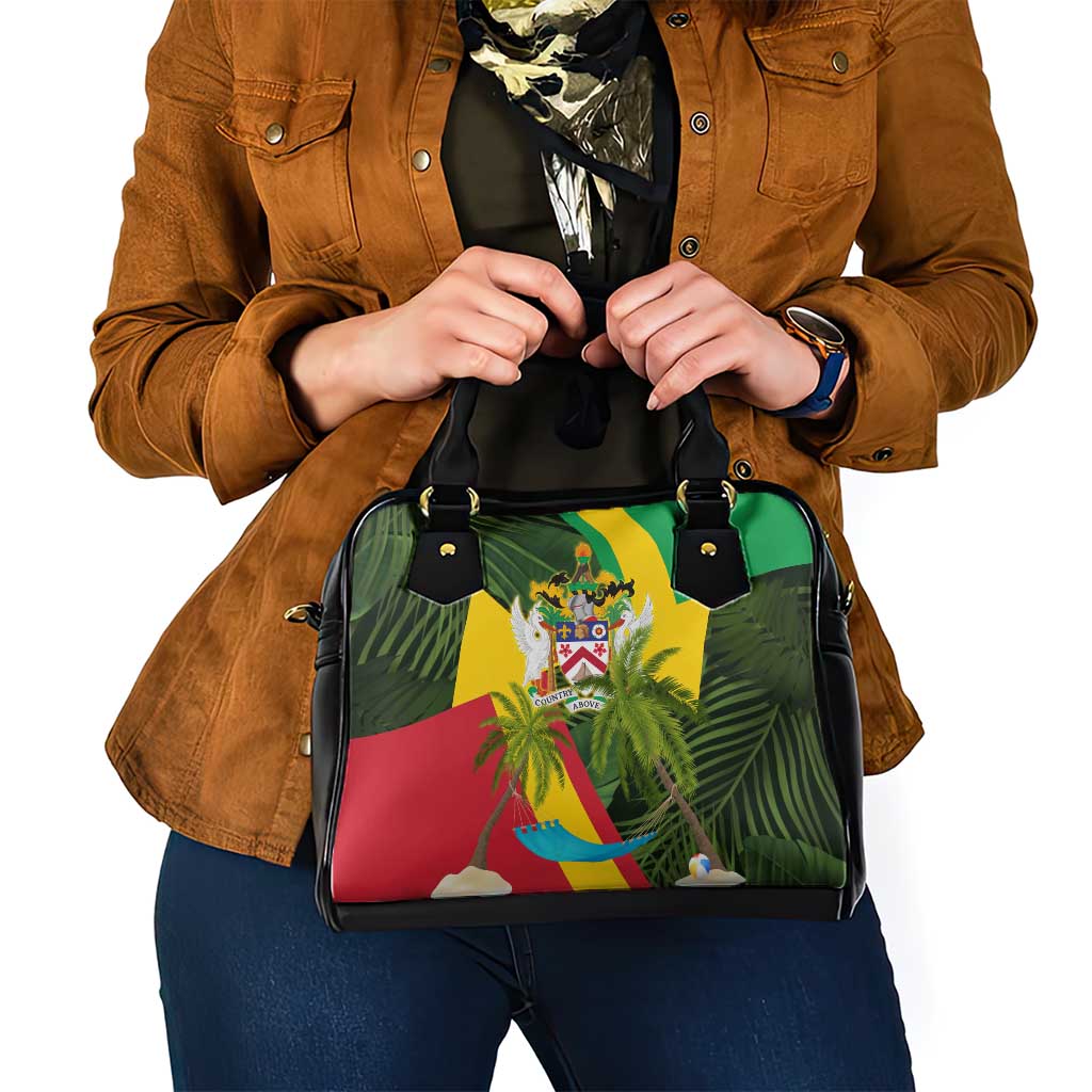 Saint Kitts and Nevis Apparel Shoulder Handbag with Coat of Arms, Palm Trees, and Hammock Graphic in Tropical Green and Flag-Inspired Design TS04