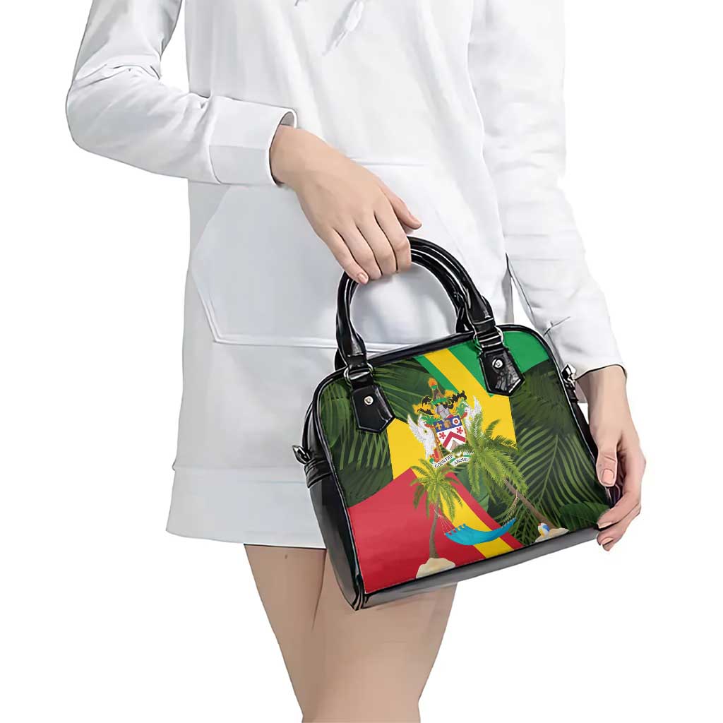 Saint Kitts and Nevis Apparel Shoulder Handbag with Coat of Arms, Palm Trees, and Hammock Graphic in Tropical Green and Flag-Inspired Design TS04