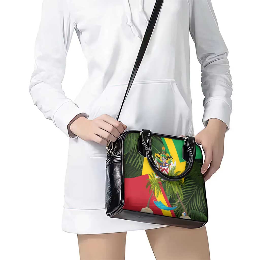 Saint Kitts and Nevis Apparel Shoulder Handbag with Coat of Arms, Palm Trees, and Hammock Graphic in Tropical Green and Flag-Inspired Design TS04