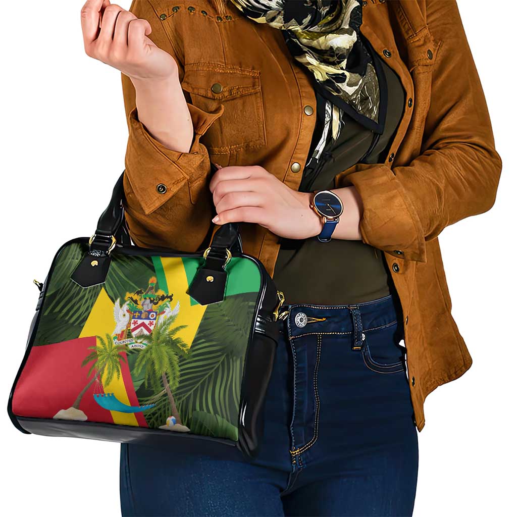 Saint Kitts and Nevis Apparel Shoulder Handbag with Coat of Arms, Palm Trees, and Hammock Graphic in Tropical Green and Flag-Inspired Design TS04