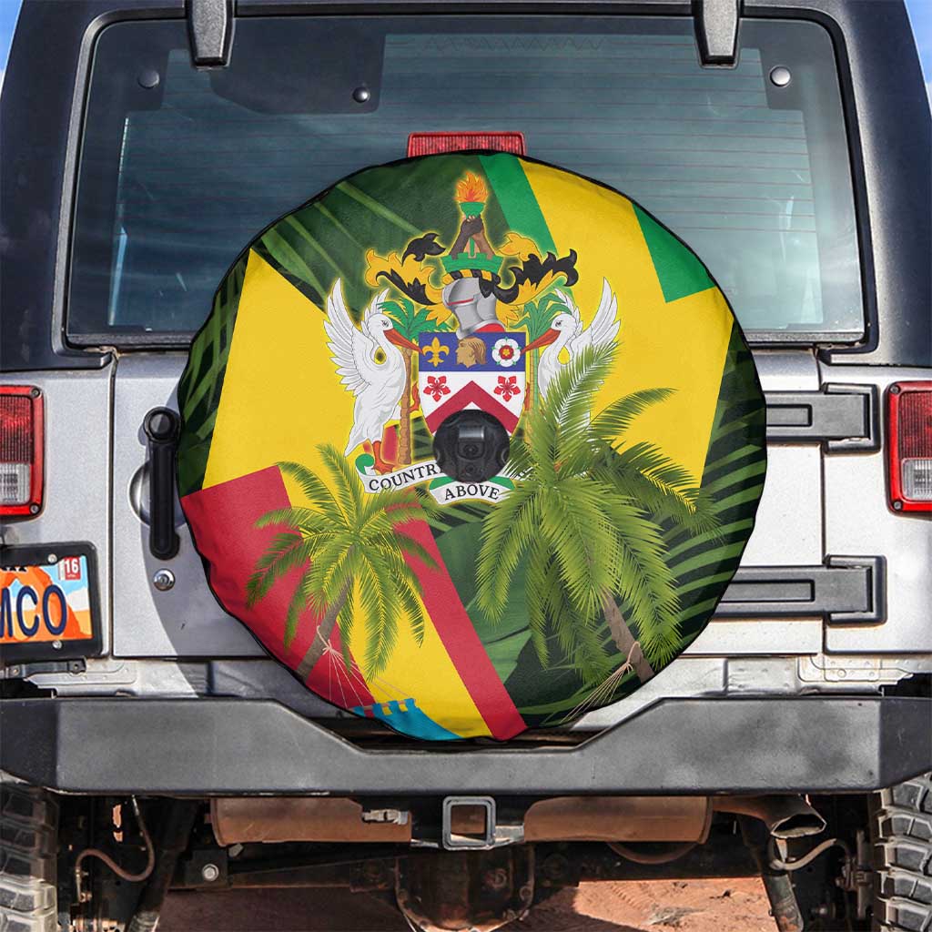Saint Kitts and Nevis Apparel Spare Tire Cover with Coat of Arms, Palm Trees, and Hammock Graphic in Tropical Green and Flag-Inspired Design TS04