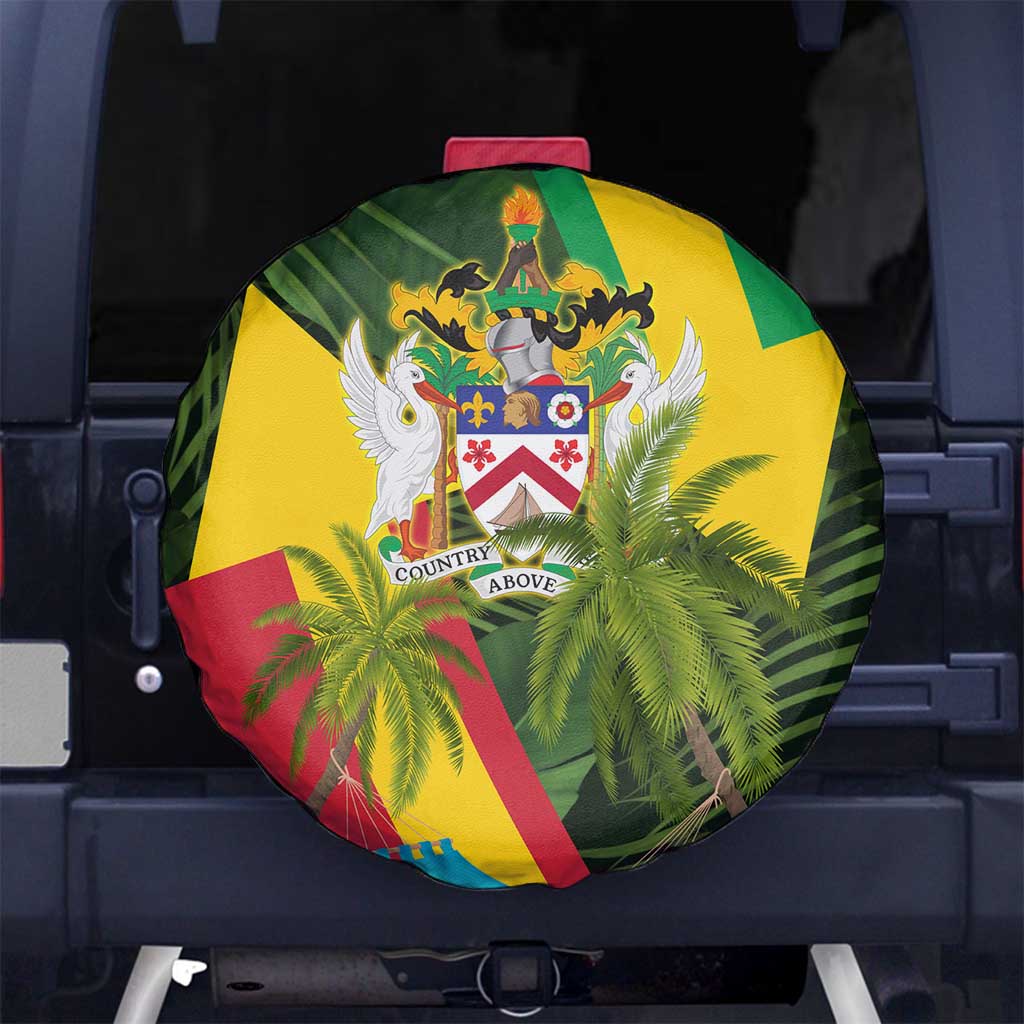 Saint Kitts and Nevis Apparel Spare Tire Cover with Coat of Arms, Palm Trees, and Hammock Graphic in Tropical Green and Flag-Inspired Design TS04