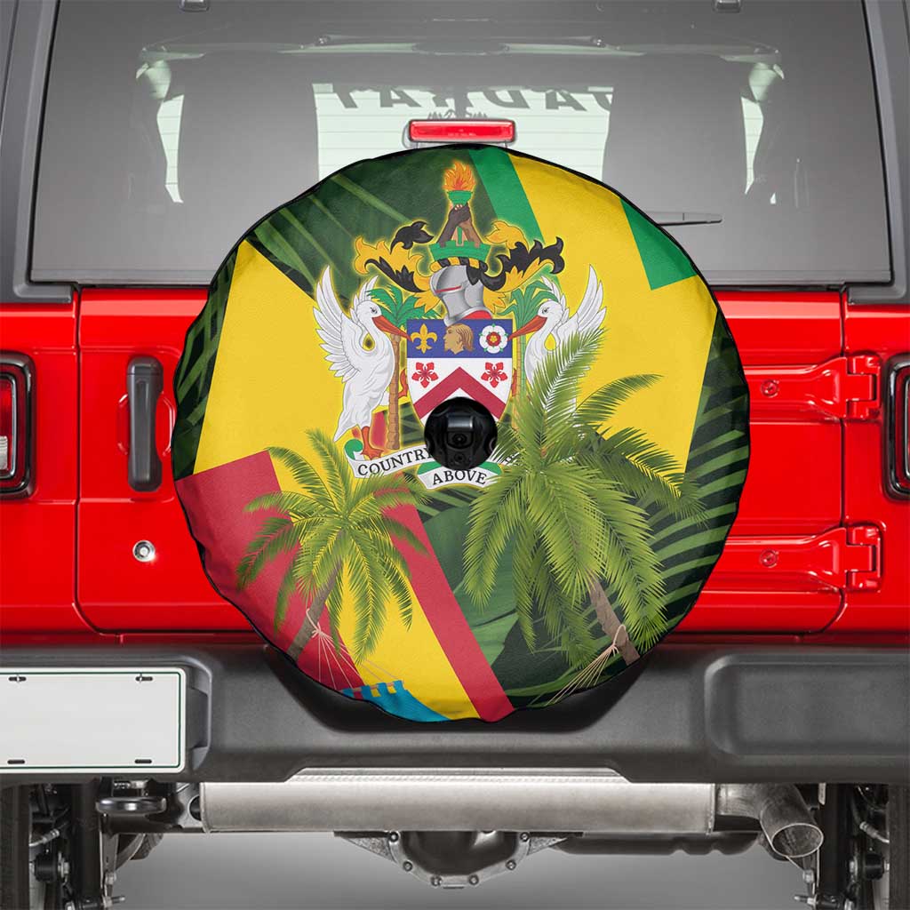 Saint Kitts and Nevis Apparel Spare Tire Cover with Coat of Arms, Palm Trees, and Hammock Graphic in Tropical Green and Flag-Inspired Design TS04