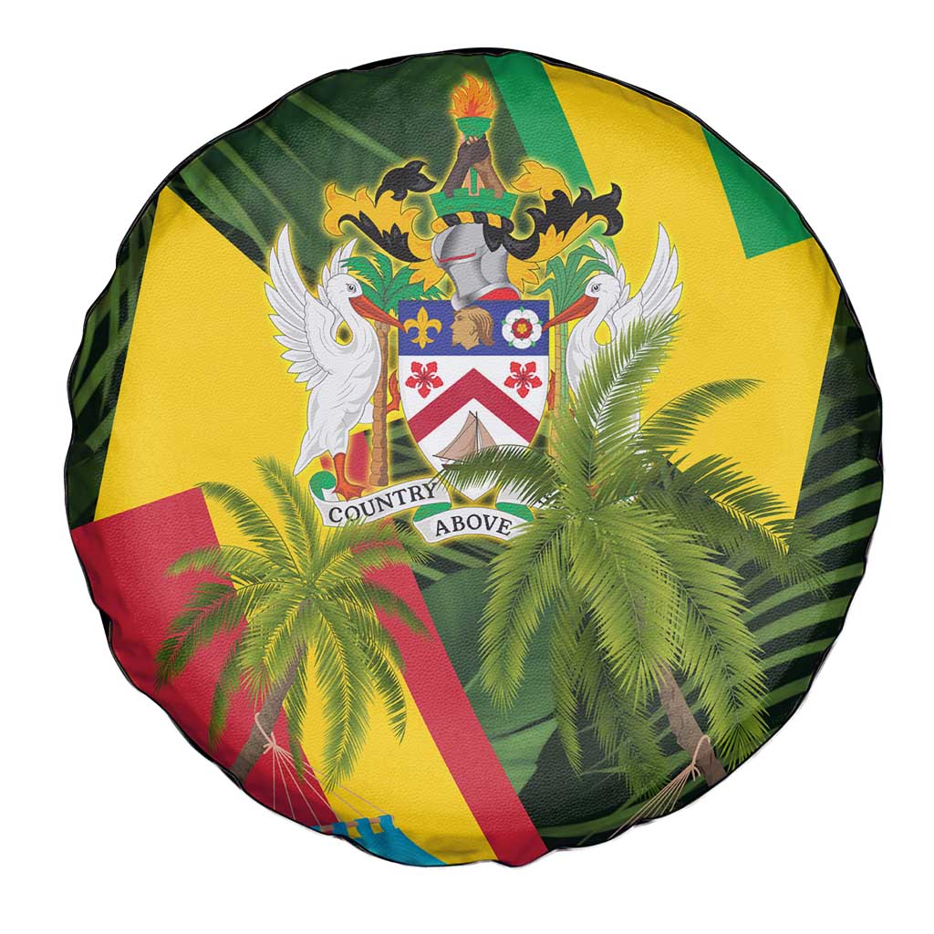 Saint Kitts and Nevis Apparel Spare Tire Cover with Coat of Arms, Palm Trees, and Hammock Graphic in Tropical Green and Flag-Inspired Design TS04