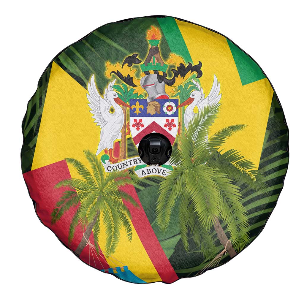Saint Kitts and Nevis Apparel Spare Tire Cover with Coat of Arms, Palm Trees, and Hammock Graphic in Tropical Green and Flag-Inspired Design TS04
