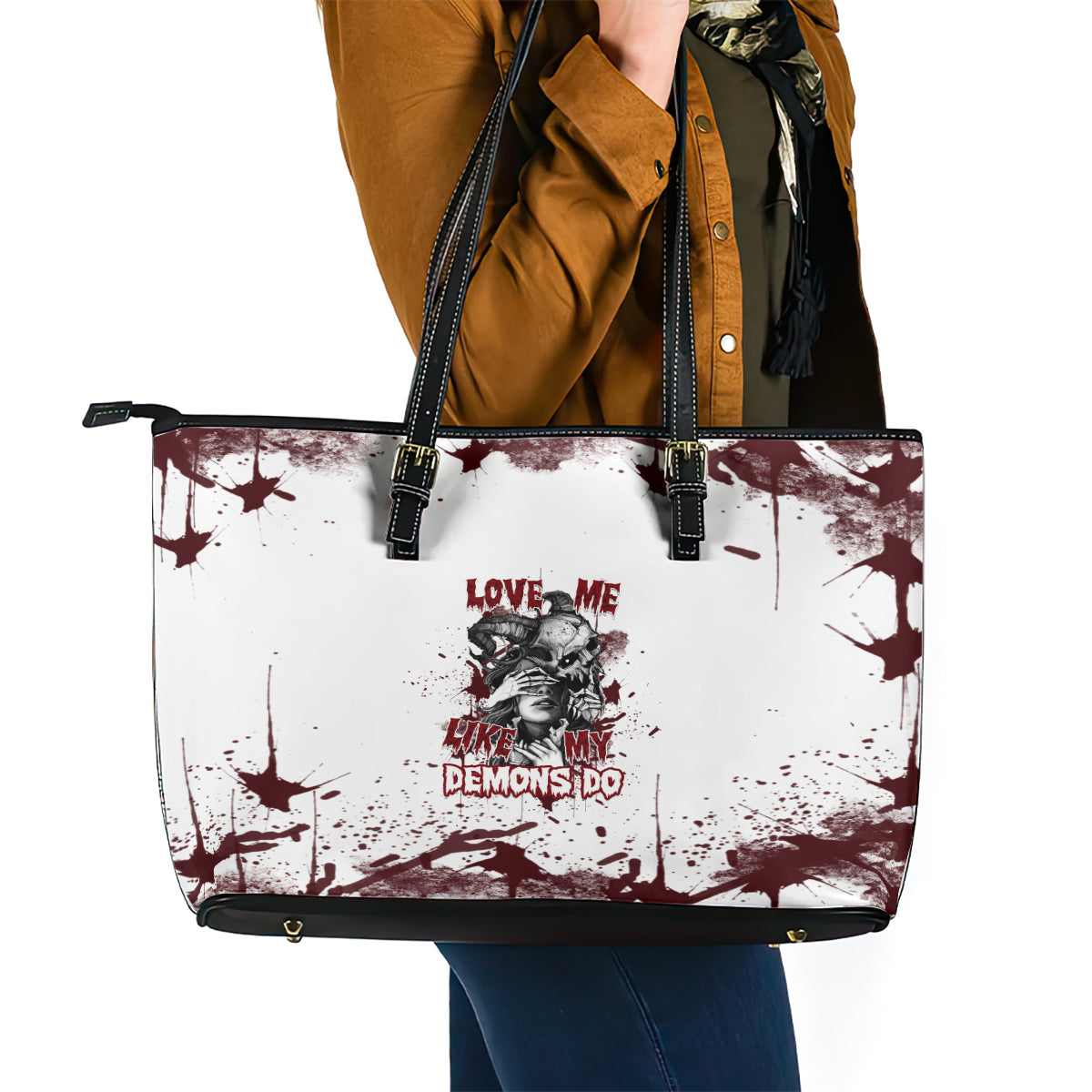 Love Me Like My Demons Do Skull Leather Tote Bag TS04