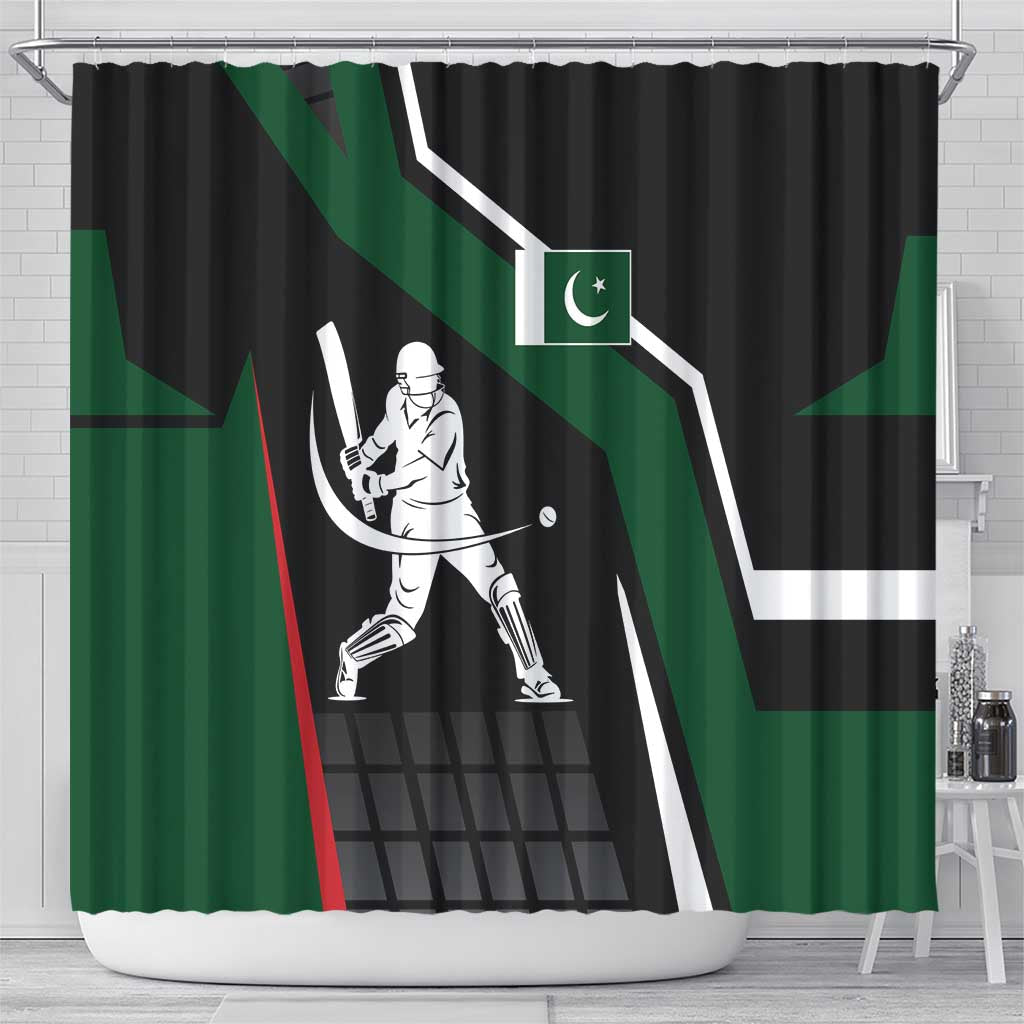 Pakistan Cricket Shower Curtain Sporty Style with Flag Colors & Player Illustration TS04