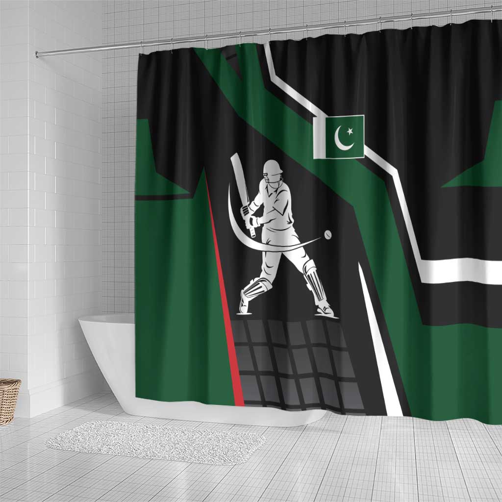 Pakistan Cricket Shower Curtain Sporty Style with Flag Colors & Player Illustration TS04