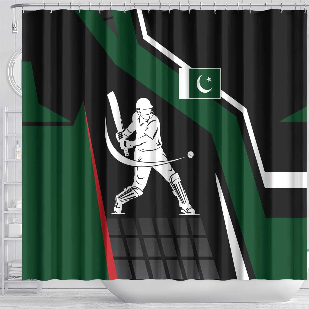 Pakistan Cricket Shower Curtain Sporty Style with Flag Colors & Player Illustration TS04