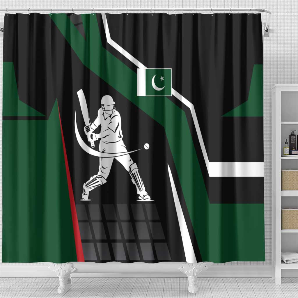 Pakistan Cricket Shower Curtain Sporty Style with Flag Colors & Player Illustration TS04