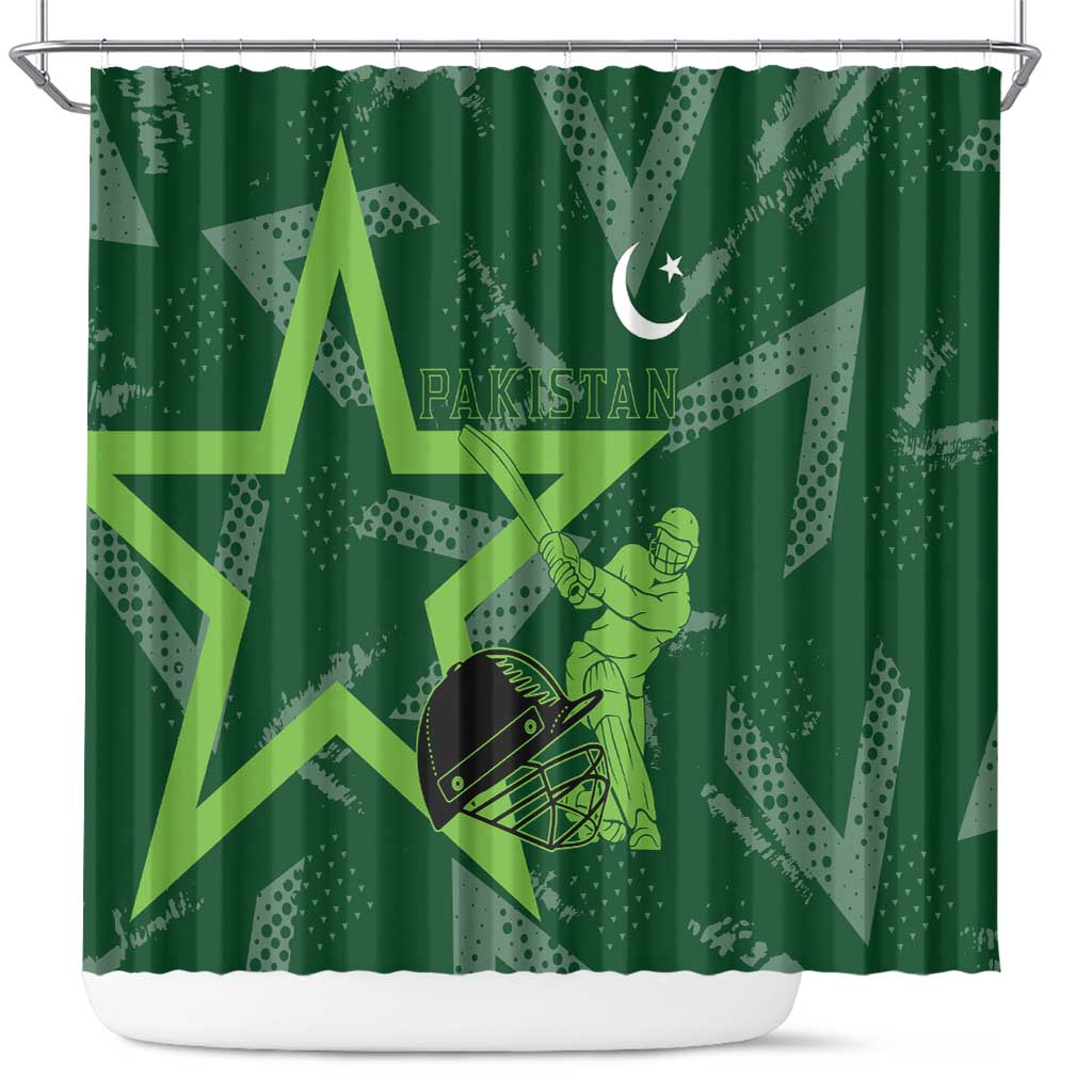 Pakistan Cricket Shower Curtain Sporty Style with Flag Stars & Player Illustration TS04