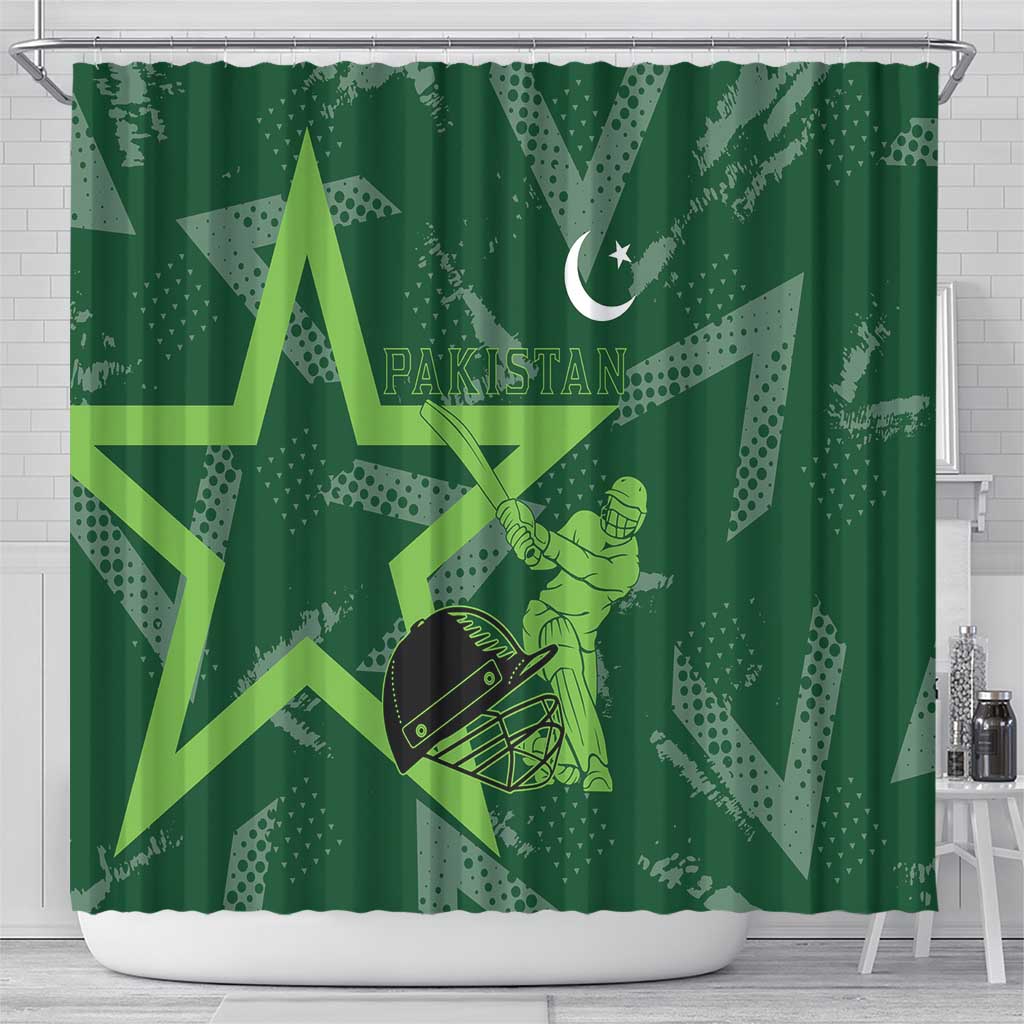 Pakistan Cricket Shower Curtain Sporty Style with Flag Stars & Player Illustration TS04
