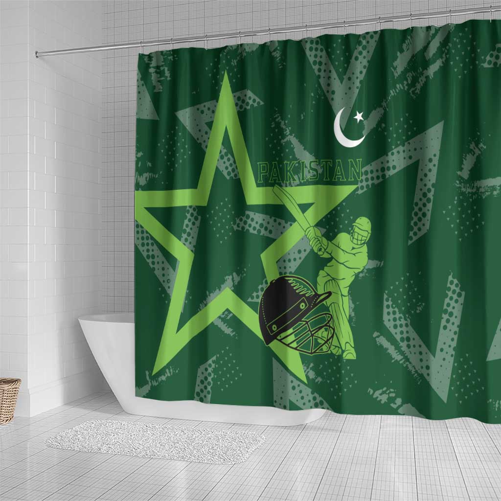 Pakistan Cricket Shower Curtain Sporty Style with Flag Stars & Player Illustration TS04