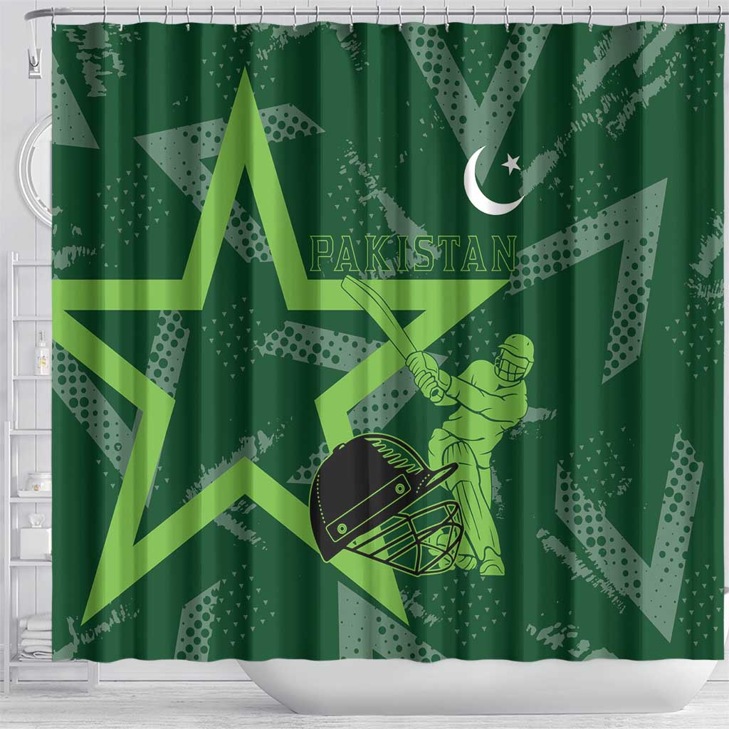 Pakistan Cricket Shower Curtain Sporty Style with Flag Stars & Player Illustration TS04