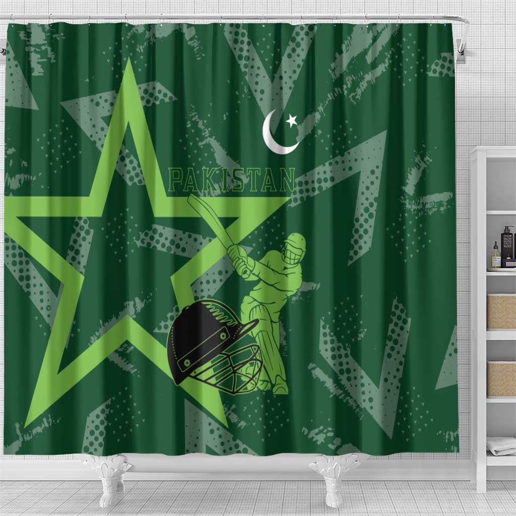 Pakistan Cricket Shower Curtain Sporty Style with Flag Stars & Player Illustration TS04