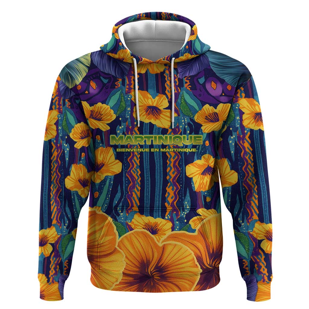 Martinique Map and Hibiscus Hoodie Island Silhouette with Tribal Stripe Accents TS04