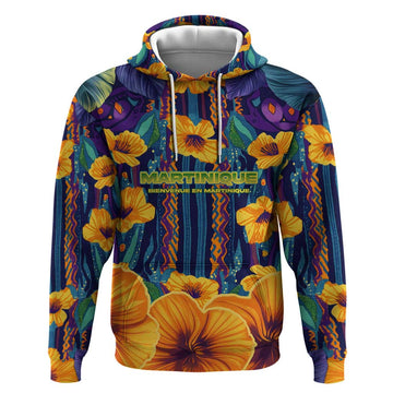Martinique Map and Hibiscus Hoodie Island Silhouette with Tribal Stripe Accents TS04