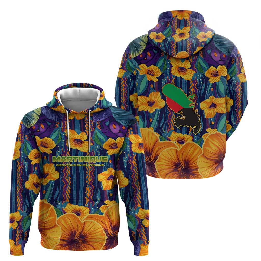Martinique Map and Hibiscus Hoodie Island Silhouette with Tribal Stripe Accents TS04