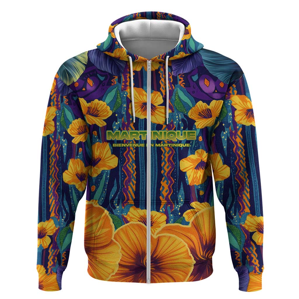 Martinique Map and Hibiscus Hoodie Island Silhouette with Tribal Stripe Accents TS04