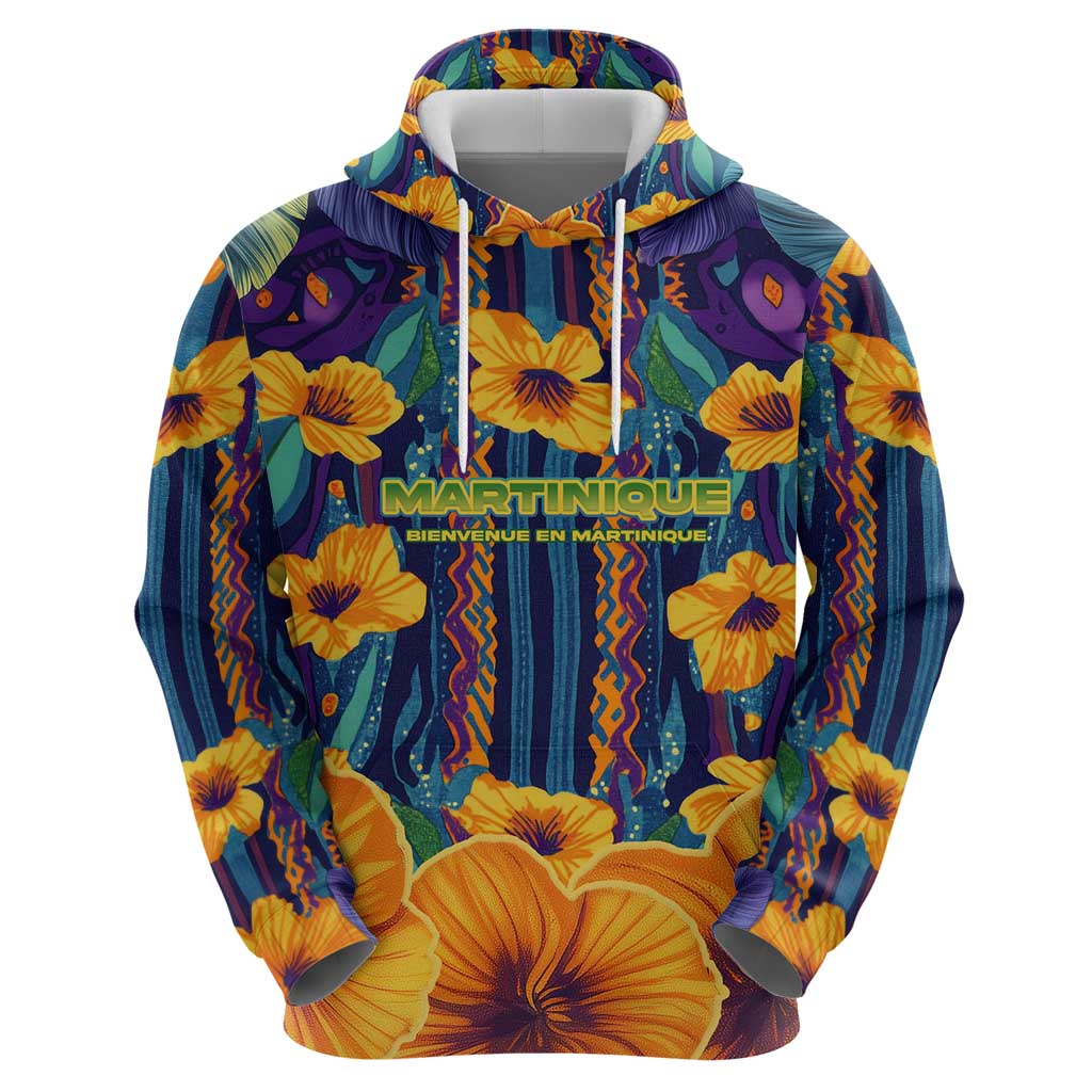 Martinique Map and Hibiscus Hoodie Island Silhouette with Tribal Stripe Accents TS04
