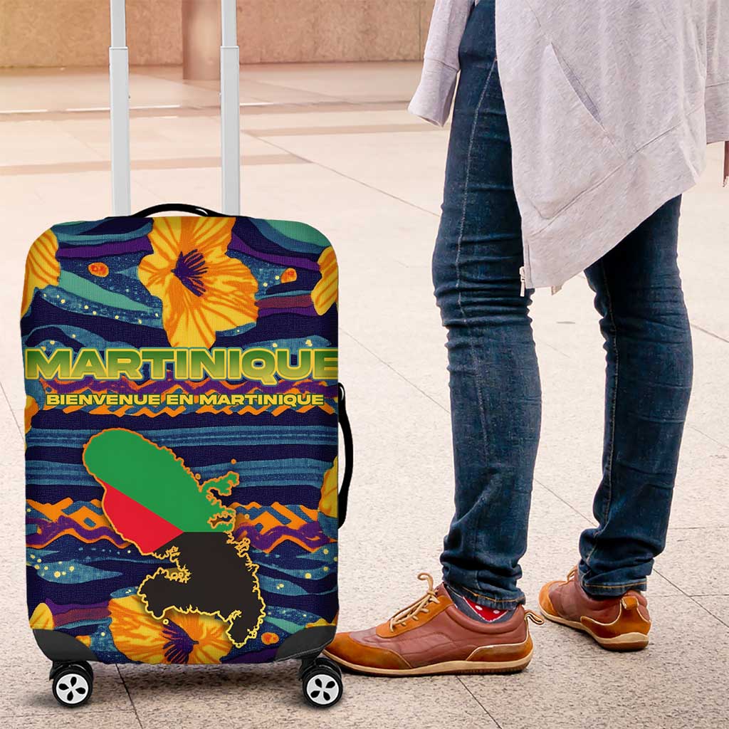 Martinique Map and Hibiscus Luggage Cover Island Silhouette with Tribal Stripe Accents TS04