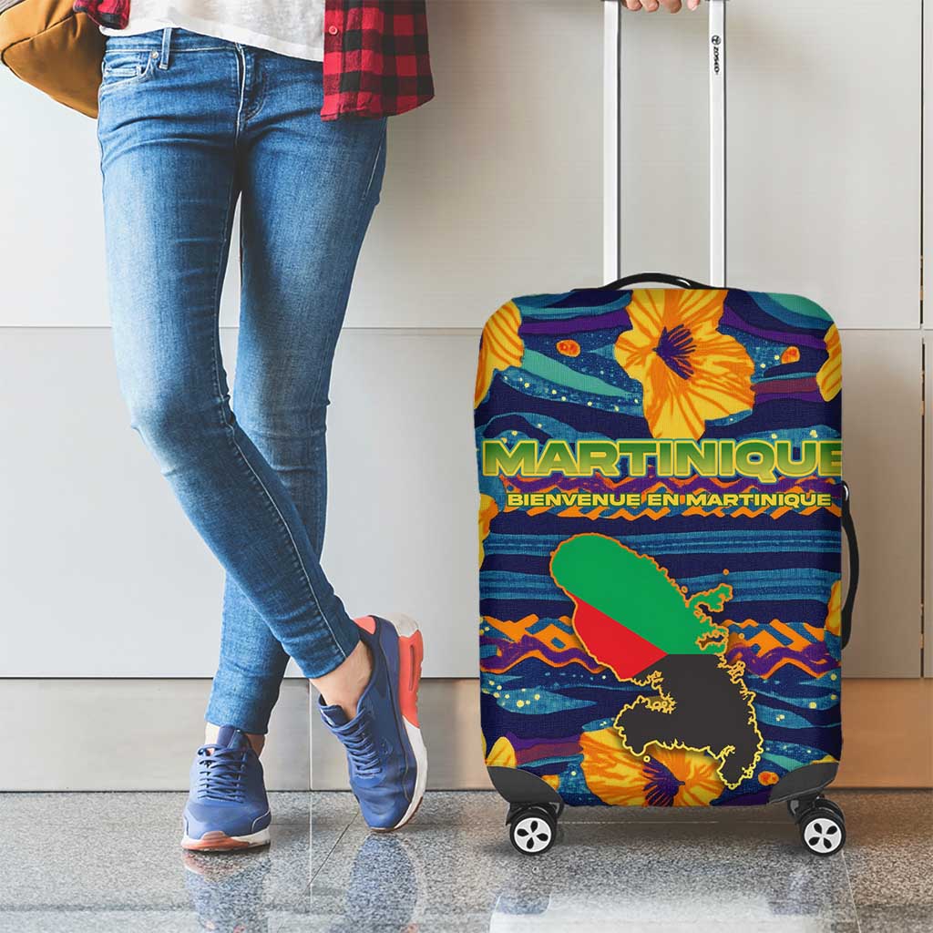 Martinique Map and Hibiscus Luggage Cover Island Silhouette with Tribal Stripe Accents TS04