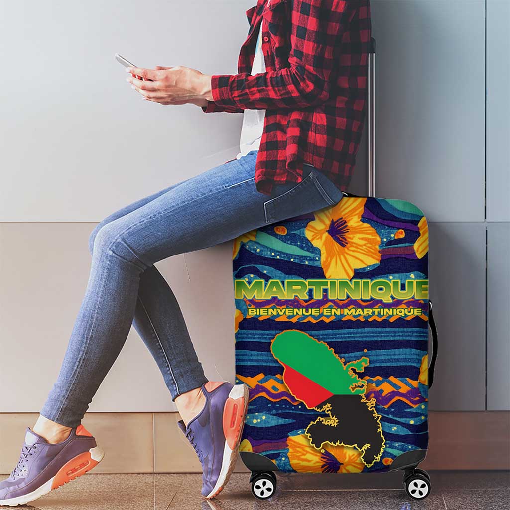 Martinique Map and Hibiscus Luggage Cover Island Silhouette with Tribal Stripe Accents TS04