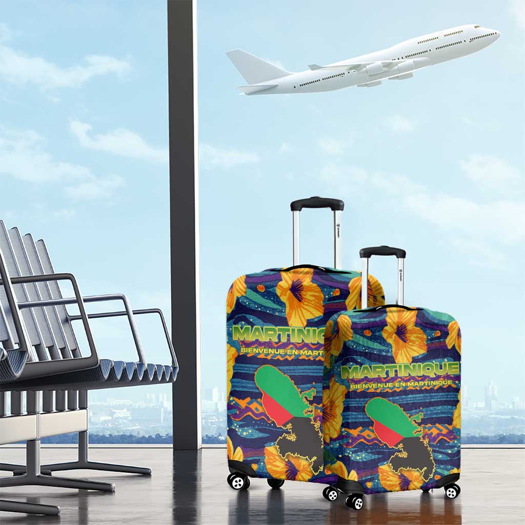 Martinique Map and Hibiscus Luggage Cover Island Silhouette with Tribal Stripe Accents TS04