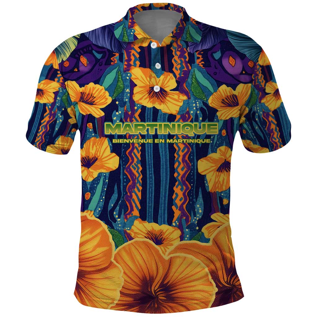 Martinique Map and Hibiscus Polo Shirt Island Silhouette with Tribal Stripe Accents TS04