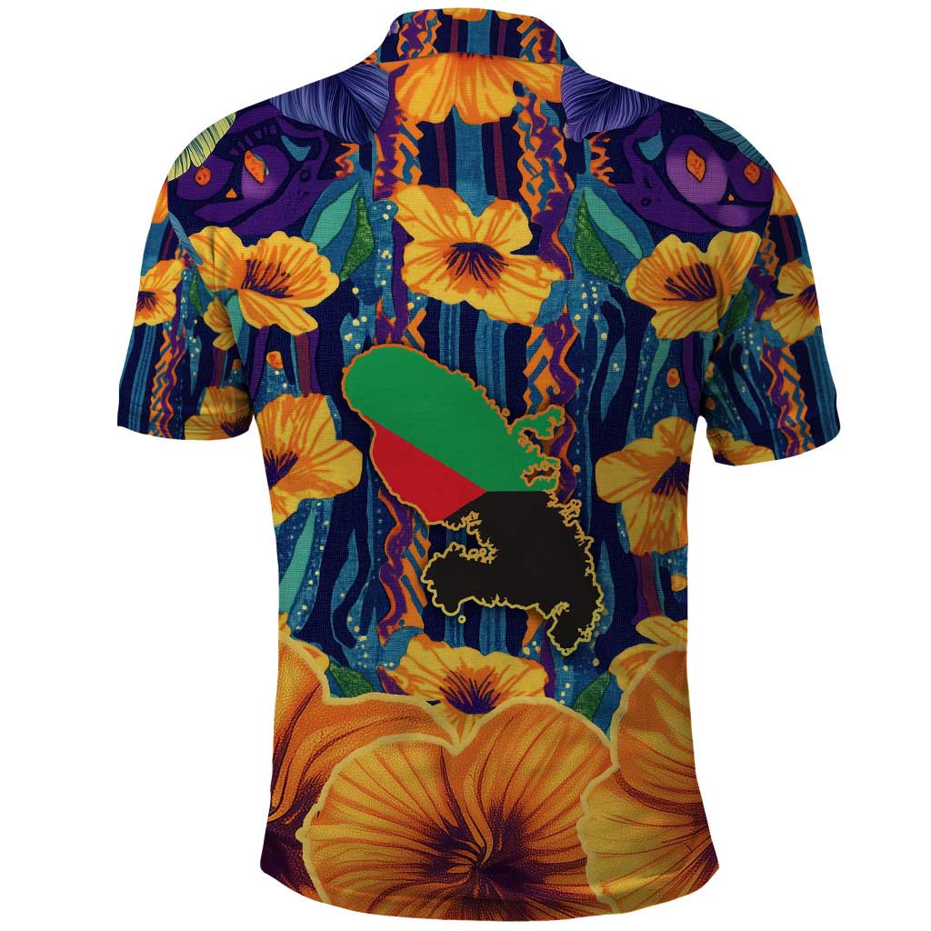 Martinique Map and Hibiscus Polo Shirt Island Silhouette with Tribal Stripe Accents TS04
