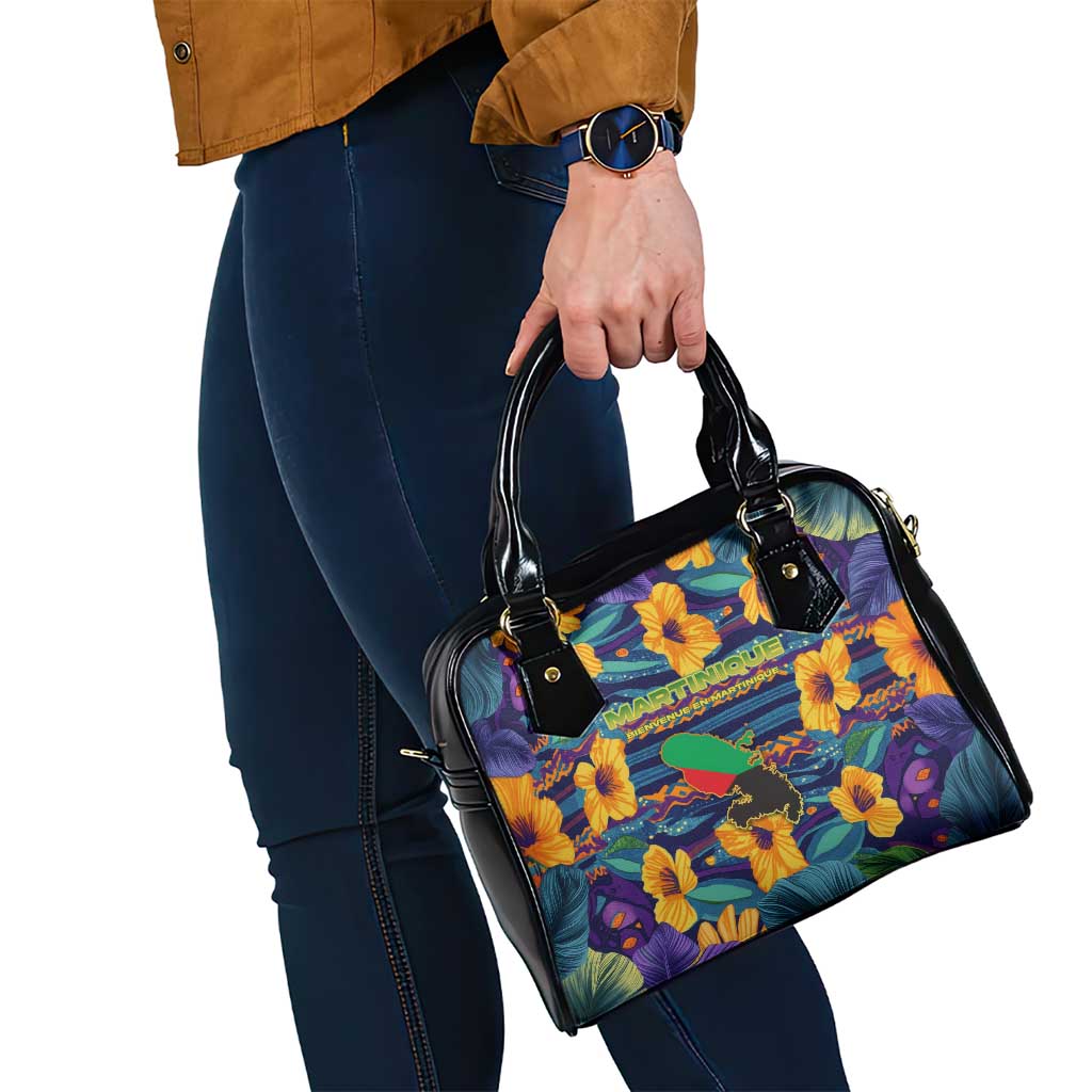 Martinique Map and Hibiscus Shoulder Handbag Island Silhouette with Tribal Stripe Accents TS04