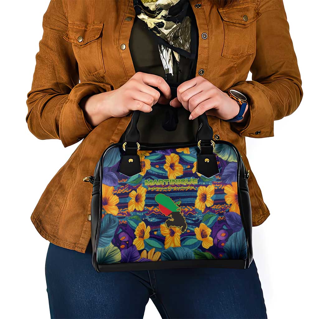 Martinique Map and Hibiscus Shoulder Handbag Island Silhouette with Tribal Stripe Accents TS04