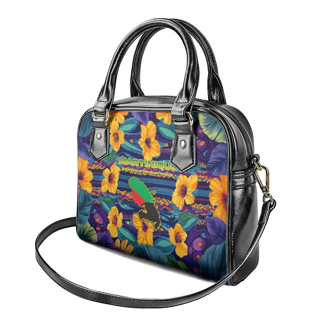 Martinique Map and Hibiscus Shoulder Handbag Island Silhouette with Tribal Stripe Accents TS04
