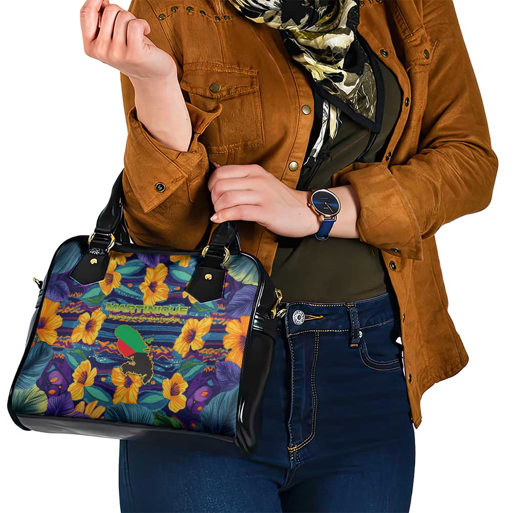 Martinique Map and Hibiscus Shoulder Handbag Island Silhouette with Tribal Stripe Accents TS04