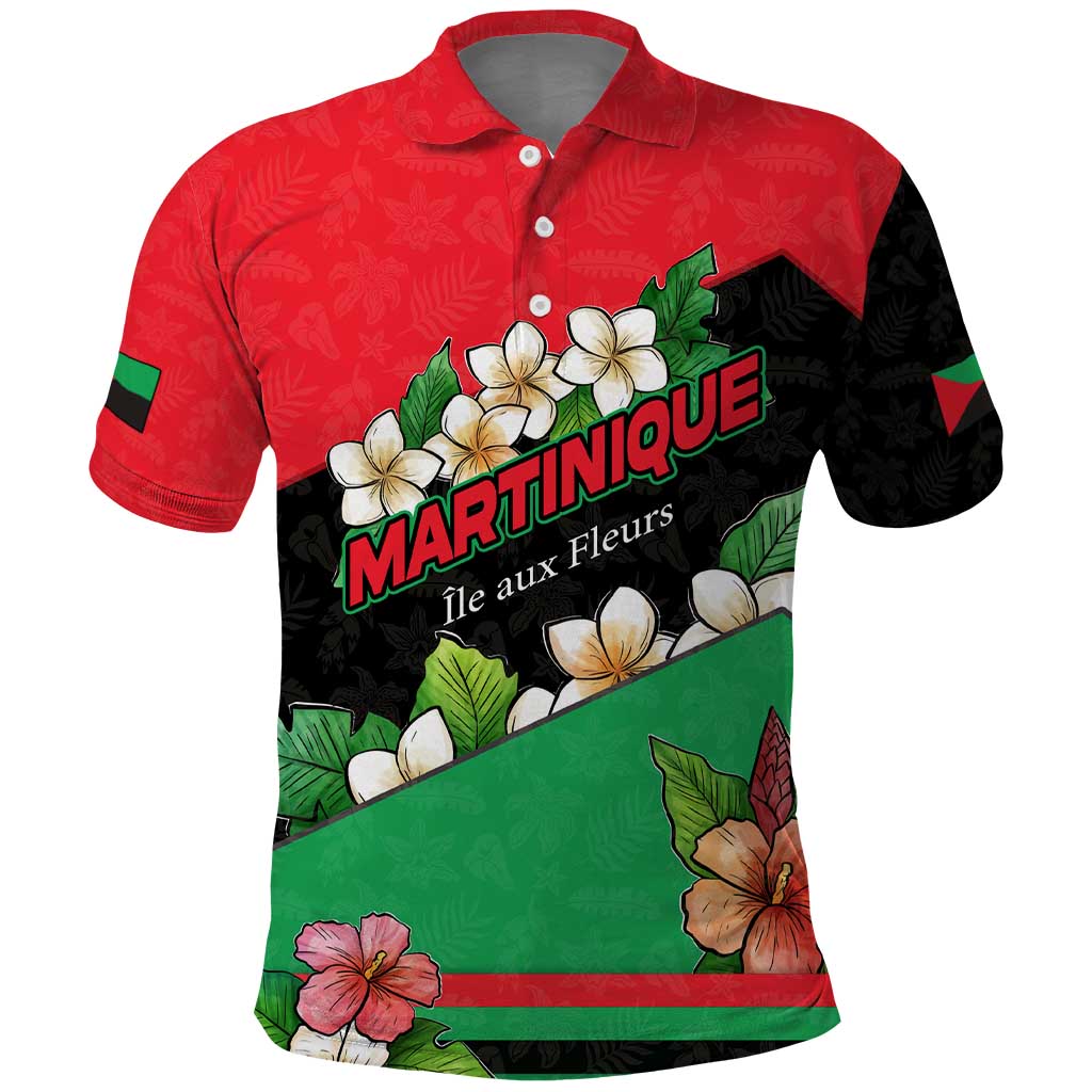 Martinique Island Pride Polo Shirt Tropical Hibiscus and Plumeria Floral Flag Design TS04