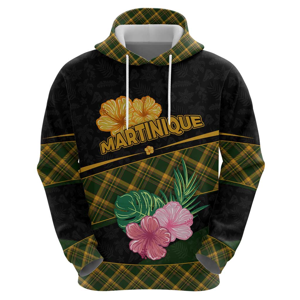 Martinique Heritage Hoodie Hibiscus Floral Design with Green and Yellow Madras Tartan TS04