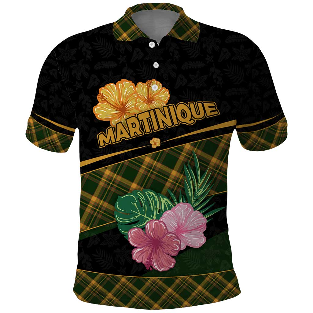 Martinique Heritage Polo Shirt Hibiscus Floral Design with Green and Yellow Madras Tartan TS04