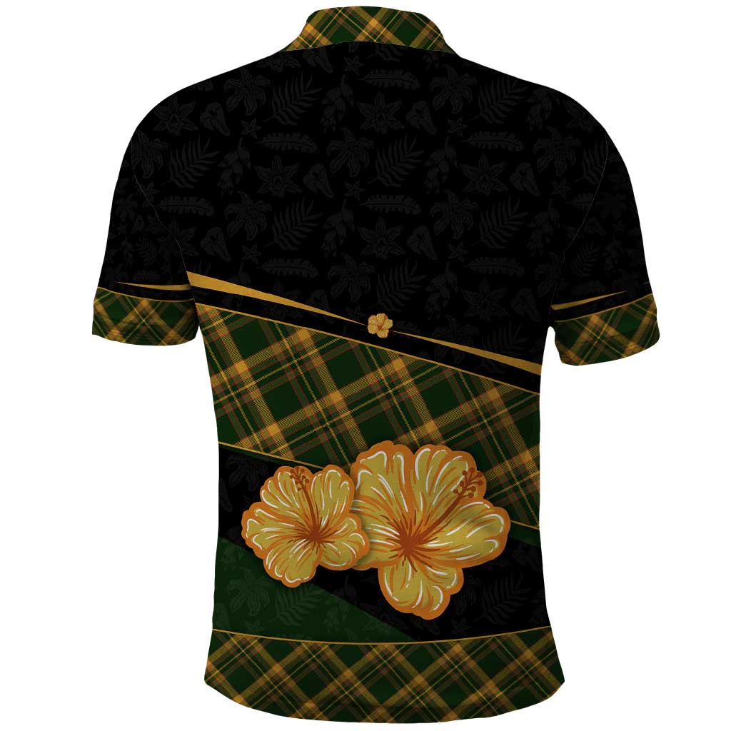 Martinique Heritage Polo Shirt Hibiscus Floral Design with Green and Yellow Madras Tartan TS04